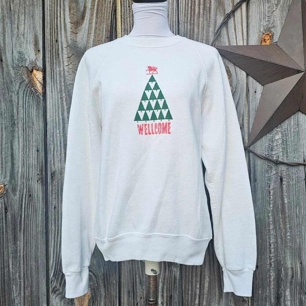 Christmas Sweatshirt Size M Lee White Tree Holiday Unicorn Stamped Vintage